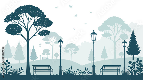 Serene park scene with benches and street lamps in blue tones
