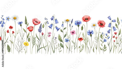 Floral summer horizontal pattern with wildflowers. Watercolor hand drawn isolated illustration border, meadow or floral background for your design.
