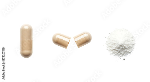 Brown capsule, split open, with white powder, isolated on transparent background