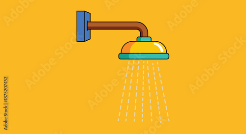 A blue and brown shower head with water droplets falling on yellow background