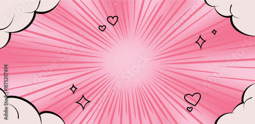 Vibrant pink retro sunburst background featuring black hearts and 90s manga style action lines