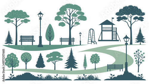 Serene park scene with playground and walking path