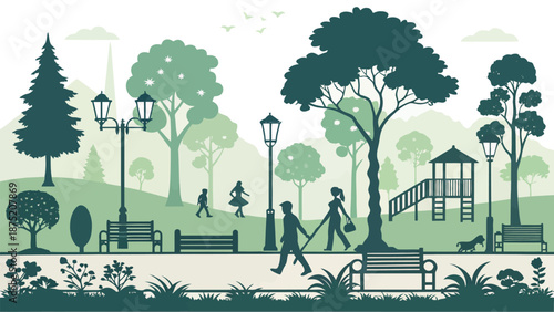 People enjoying a leisurely walk in a serene park setting