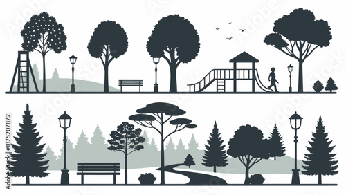 Serene park scenes with trees, benches, and playground