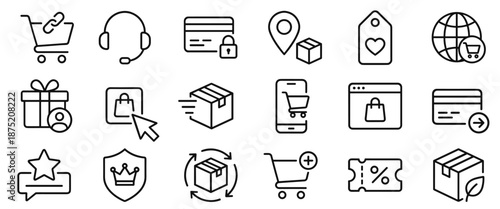 E-commerce and online shopping line icons. Retail, delivery, and payment vector symbols