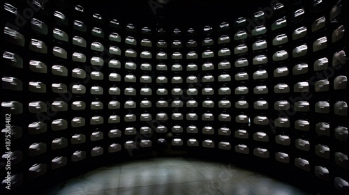 obsessive. Dim room with repetitively arranged identical objects creating obsessive symmetrical pattern. wellbeing guides, coaching materials, designed for coaching and self-improvement content.