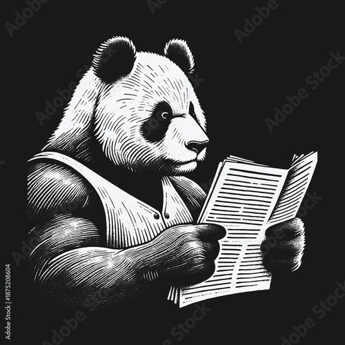 Panda Reading Newspaper: A Focused Bear in a Vest.