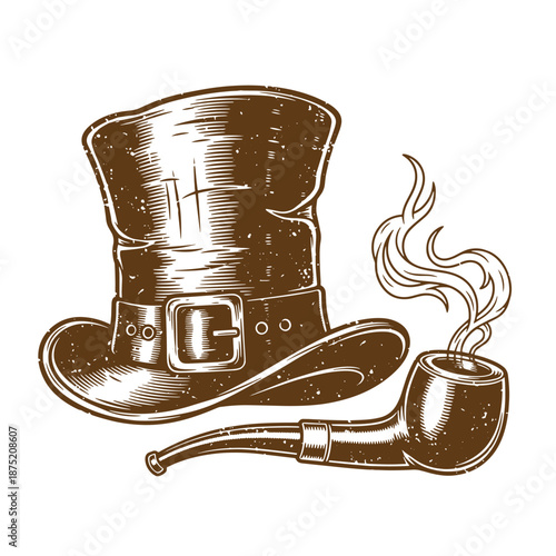 Drawing Vintage Vintage Pilgrim hat and smoking pipe isolated on white background