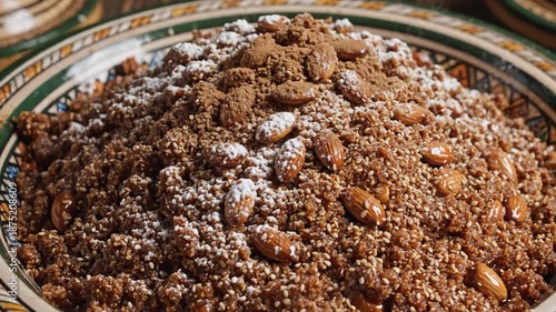 close-up view of a traditional Moroccan Sellou dessert being decorated.