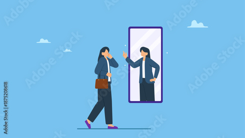 Businesswoman look at her strong confidence reflection in the mirror. Self confidence and self esteem, motivation to success, positive thinking to boost confident and believe in yourself.