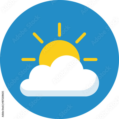 Bright yellow sun partially hidden behind a white cloud on a blue background with yellow rays