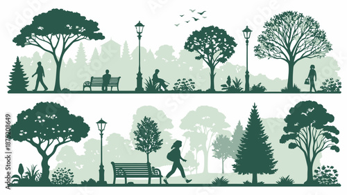 People enjoying a peaceful park with trees and benches