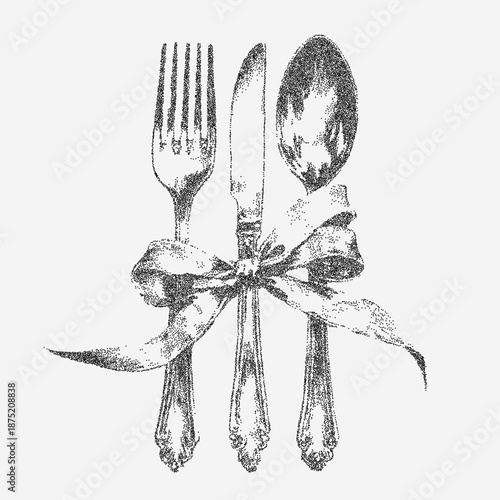 Cutlery tied with an elegant ribbon with granular grain texture, dust overlays and faint worn marks on softly aged paper surface.