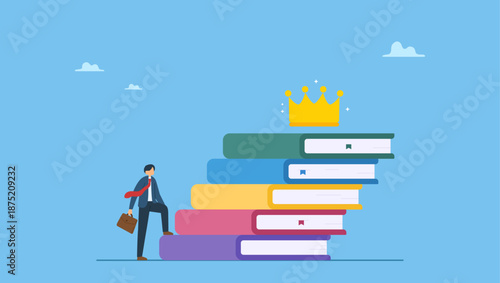 Businessman step up on stack of books as staircase to achieve crown at the top. Education or knowledge steps to success, learning or study for skill development to achieve business success.