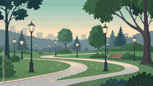 Serene city park with winding path and street lamps at dusk