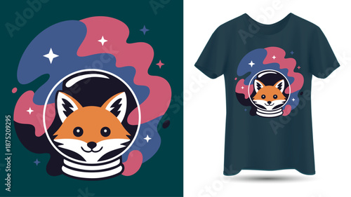 Cute Fox Astronaut Cartoon in Space, Animal T-Shirt Design.
