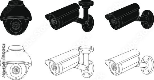 Security camera icons set including dome and bullet cctv surveillance systems in black silhouette and outline styles for safety monitoring