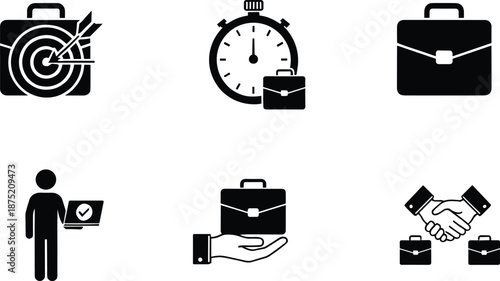 Business and productivity icons set featuring briefcase target stopwatch handshake and professional work elements for corporate success and management