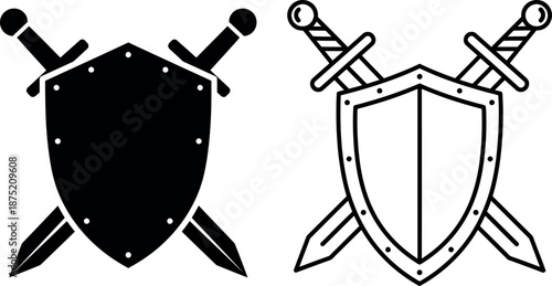 Shield and Crossed Swords Icon Set in Silhouette and Outline