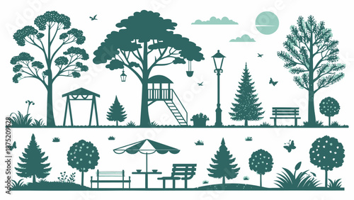 Serene park scene with trees, benches, and playground equipment