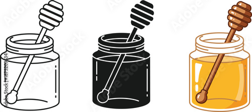 Honey jar and wooden dipper vector set featuring outline silhouette and colorful flat styles for healthy organic food design