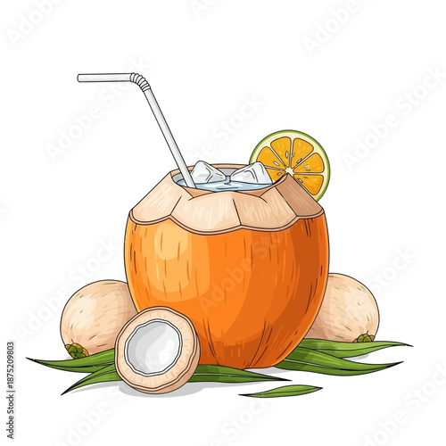 Refreshing king coconut drink, a tropical delight for sinhala traditional awurudu sri lanka festivities, served with lime and a straw