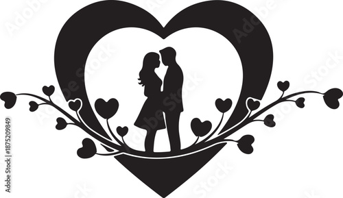 a couple silhouette in a heart with flowers