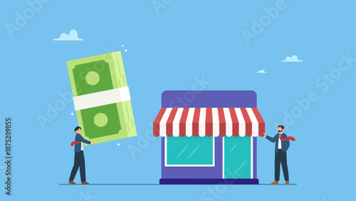 Businessman offer money to buy other hand offer company or shop building. Company buyout, acquisition agreement or takeover, selling company offer or merger, franchise business.