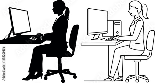Businesswoman Working at Computer Desk Icon Set