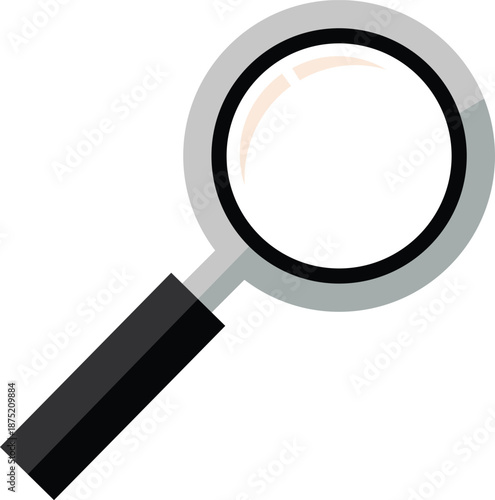 Magnifying glass with black handle and gray lens on white background close-up