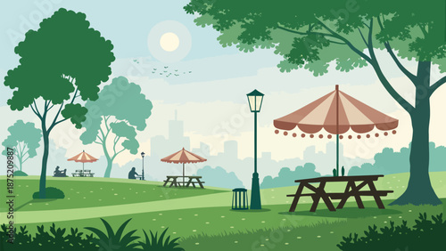 Serene city park scene with picnic tables and umbrellas