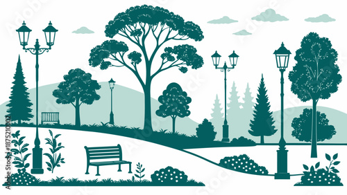 Serene park scene with benches and street lamps at dusk