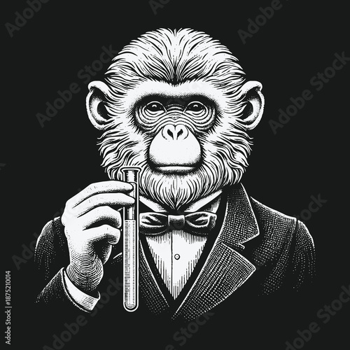 Intelligent Monkey Scientist Holding Test Tube in Formal Attire.