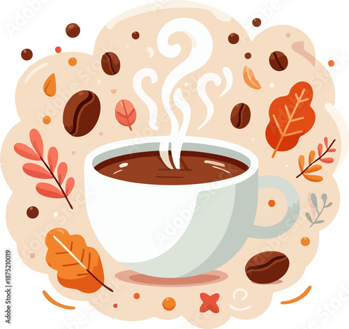 Cozy pastel coffee mug with rising steam, surrounded by coffee beans and autumn leaves on warm beige background, cute vector illustration