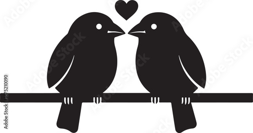 two black birds sitting on a branch with a heart