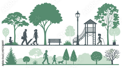 People enjoying outdoor activities in a park with trees and greenery