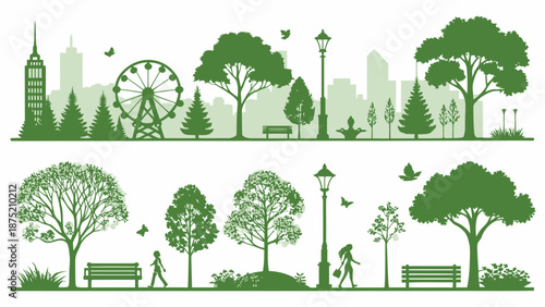 Green city park scenery with trees and people walking