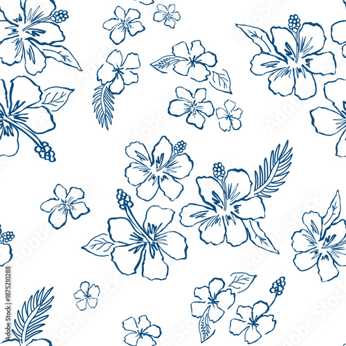 Blue hibiscus flower tropical seamless pattern. Summer vacation floral background. Sketch drawing in ink, hand drawn Hawaii print, wallpaper, card, textile design, wrap paper. Vector illustration.