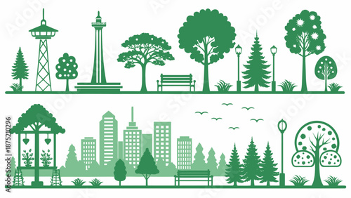 Green cityscape with trees and buildings in silhouette