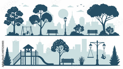Vibrant city park scene with playground and urban landscape