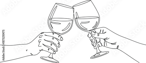 Continuous One Line Drawing Of Two Hands Clinking Wine Glasses For Celebration Party Toast And Romantic Dinner Event Design
