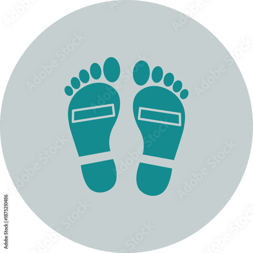 Pair of teal bare feet with toes and arch lines on a light gray circular background