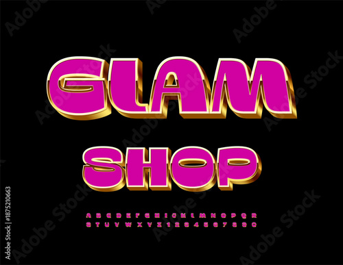 Vector Stylish design Glam Shop. Elite Pink and Gold 3D Font. Cool Amazing Alphabet Letters and Numbers set