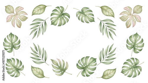 Exotic plants leaf set on an isolated white background, watercolor vector illustration. Wedding frame elements collection. Elegant foliage design for wedding, card, invitation, greeting