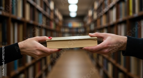 Hands passing a book in an aisle of a library filled with shelves of books