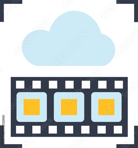 Three blue squares with yellow centers on a dark filmstrip with white perforations and a cloud above