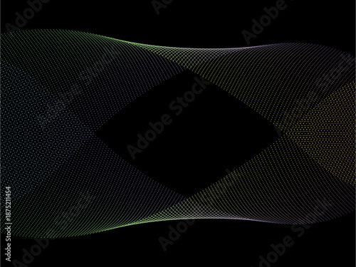 グラデーションドットの波状メッシュが交差する近未来的抽象背景 黒基調のデジタルデザイン向けベクター素材/Futuristic Abstract Background with Gradient Dotted Wave Mesh Crossing on Dark Tone Vector Illustration