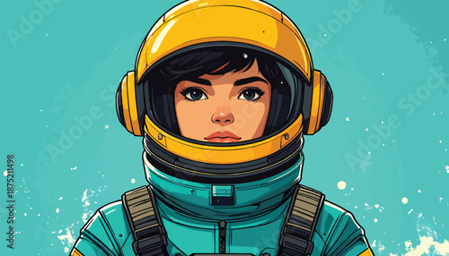 Illustration of a determined woman astronaut in a yellow helmet and teal suit.
