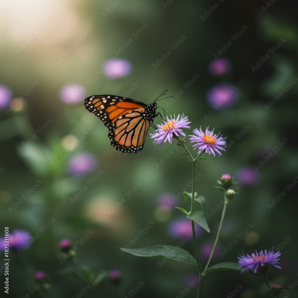 Obraz premium Monarch Butterfly on Purple Flowers in Soft Light