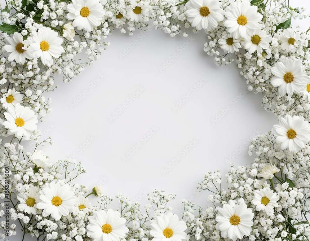 Fototapeta premium Delicate white flowers on a white background. Spring frame. Space for text. Color of the Year 2026, Cloud Dancer.